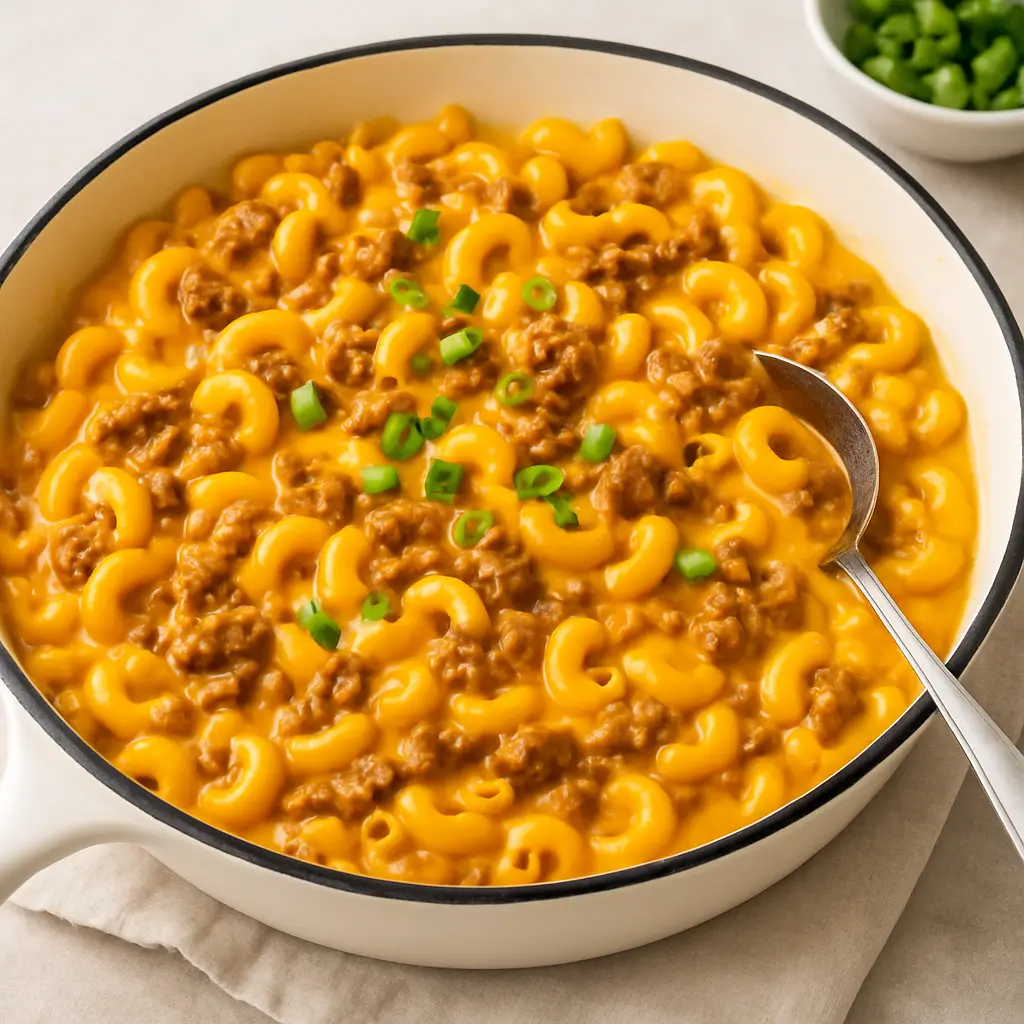 One-pan creamy cheeseburger macaroni in a white enamel skillet with elbow macaroni, ground beef and melted cheddar