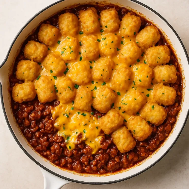 One-pan sloppy joe tater tot casserole baked in a white enamel skillet with golden tater tots and melted cheddar cheese.
