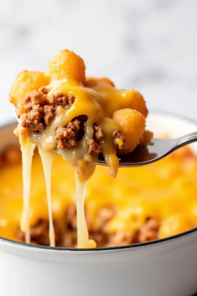 Spoon lifting cheesy sloppy joe tater tot casserole with melted cheddar stretching from a white enamel pan.