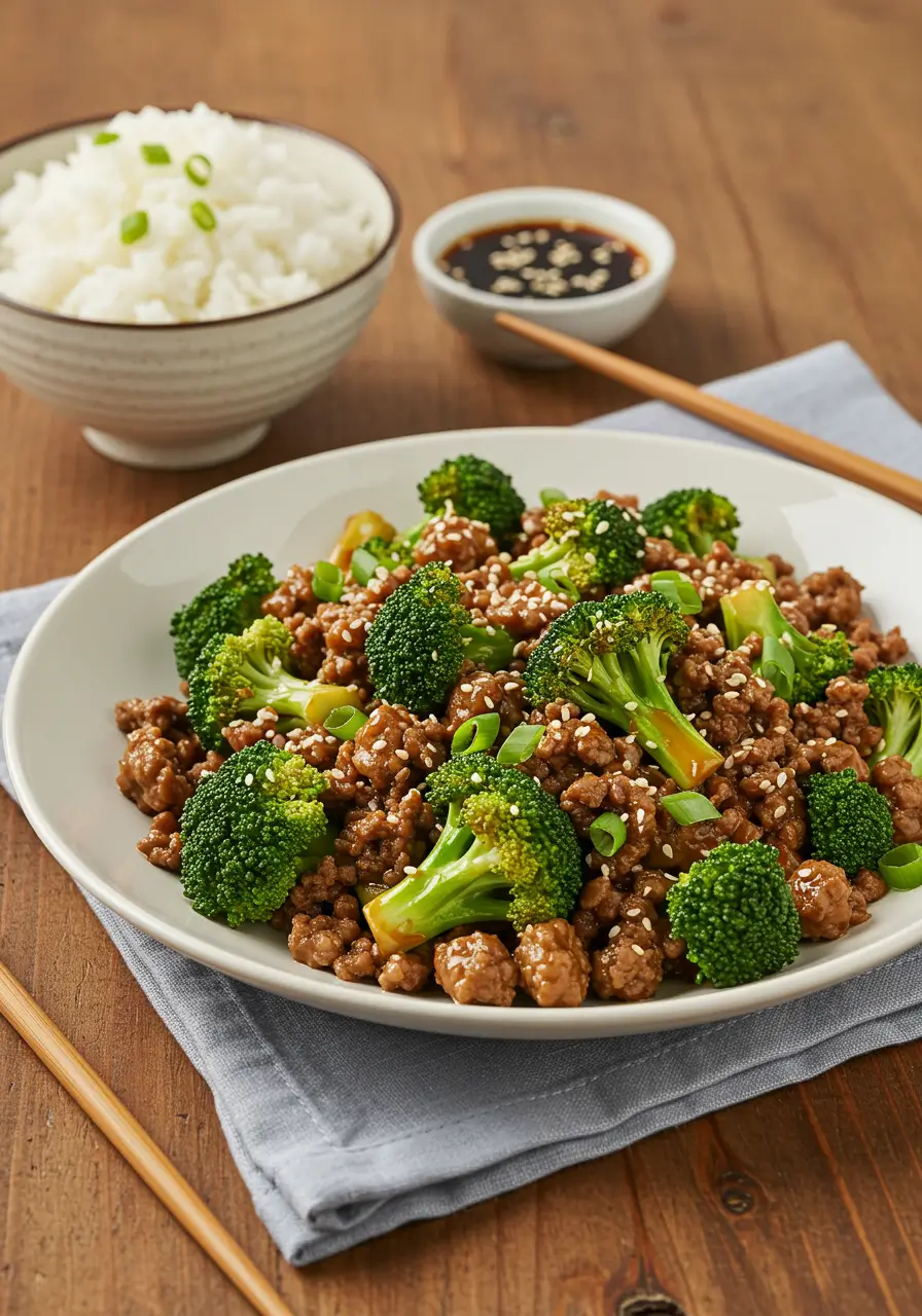 15-minute ground beef and broccoli stir-fry served with rice in a skillet, garnished with sesame seeds and green onions