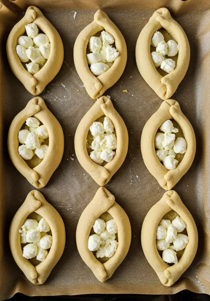Khachapuri dough boats on a parchment-lined tray filled with chunks of fresh mozzarella and small cheese wells ready for eggs.
