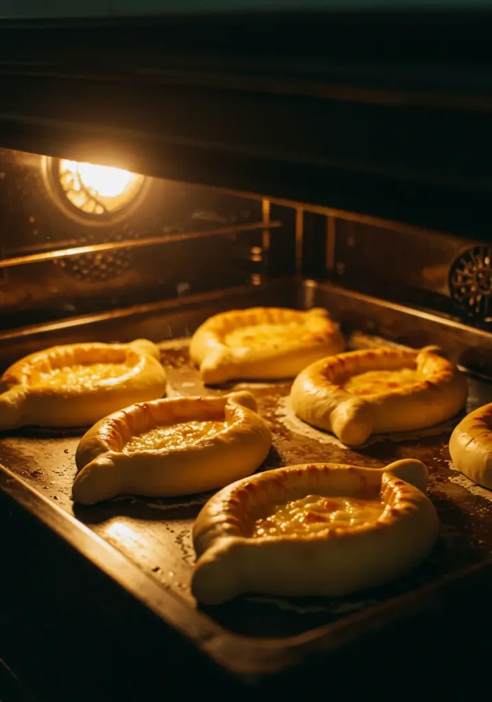 Golden khachapuri boats baking in the oven with bubbling cheese and crisp edges.