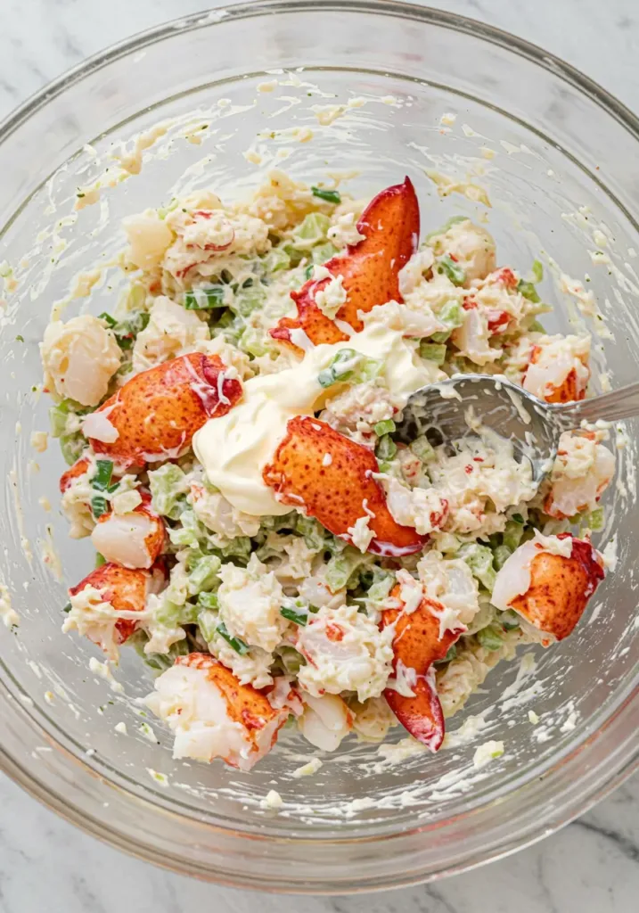 Glass bowl of lobster chunks, mayonnaise, celery, lemon, and herbs being gently mixed into a creamy lobster salad.