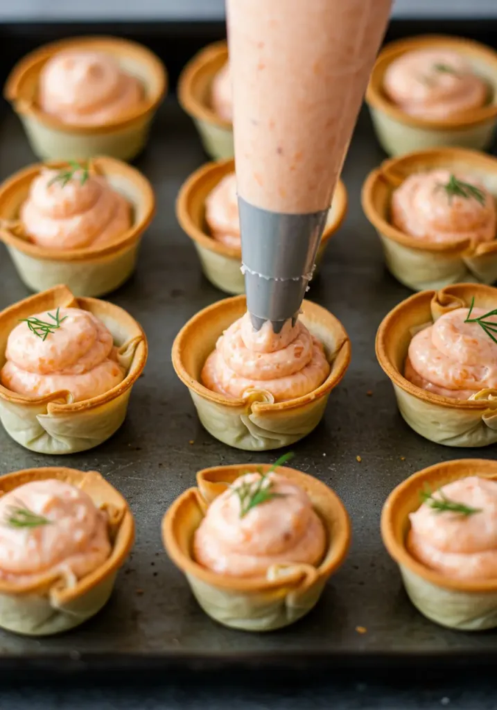 Easy salmon bites recipe served in golden phyllo cups with dill garnish