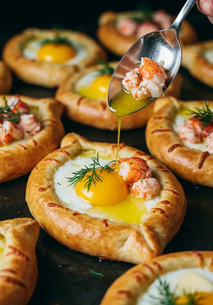 Finished lobster roll khachapuri topped with runny eggs, creamy lobster salad, melted butter drizzle, and dill garnish.
