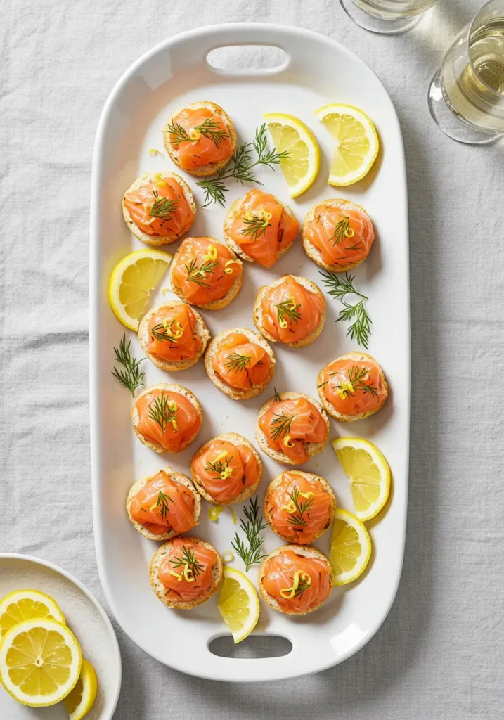 Easy salmon bites recipe served in golden phyllo cups with dill garnish