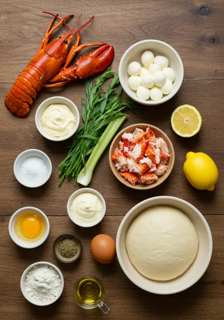 Flat lay of fresh ingredients for lobster roll khachapuri on a rustic wooden table, including raw lobster tails, a bowl of lobster meat chunks, fresh mozzarella, mayonnaise, celery, chives, tarragon, a lemon, Old Bay seasoning, flour, olive oil, and an egg.