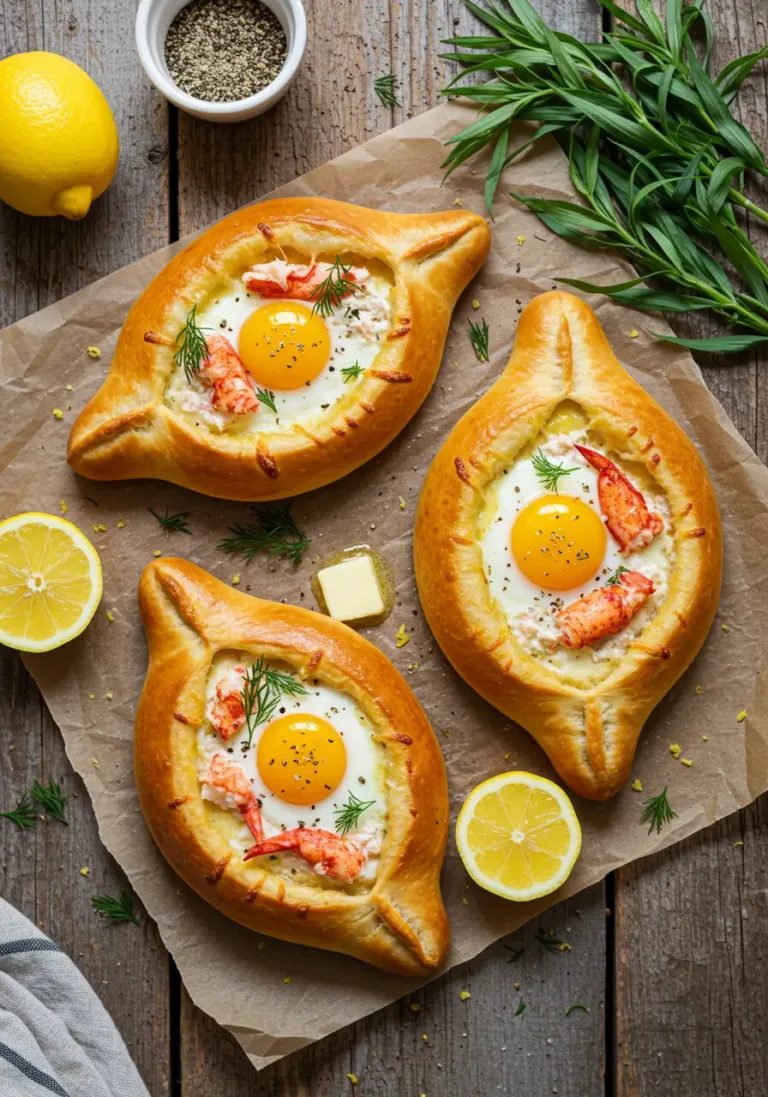 Golden-brown lobster roll khachapuri on parchment paper, filled with melted cheese, runny egg yolk, and creamy lobster salad, garnished with fresh dill and lemon wedges on a rustic table.
