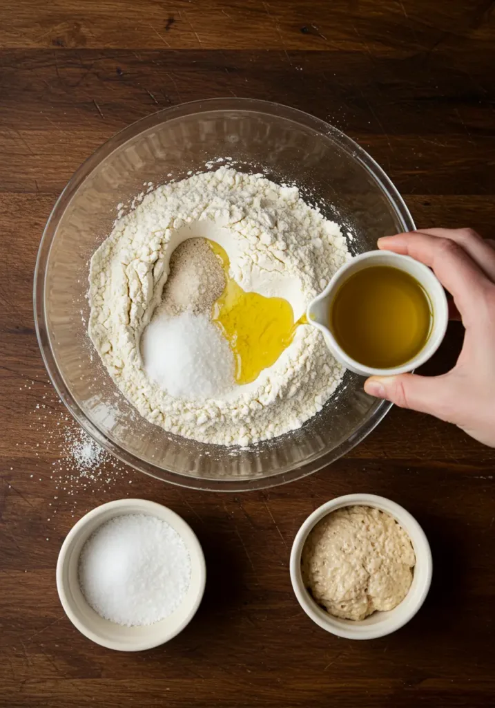 Mixing bowl with flour, salt, and foamy yeast water being combined to form khachapuri dough on a rustic wooden surface.