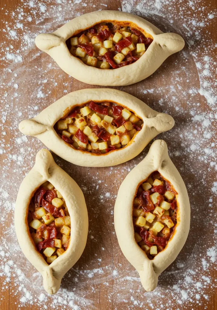 Rolled oval dough on a floured surface with edges pinched inward to create traditional khachapuri boat shapes.