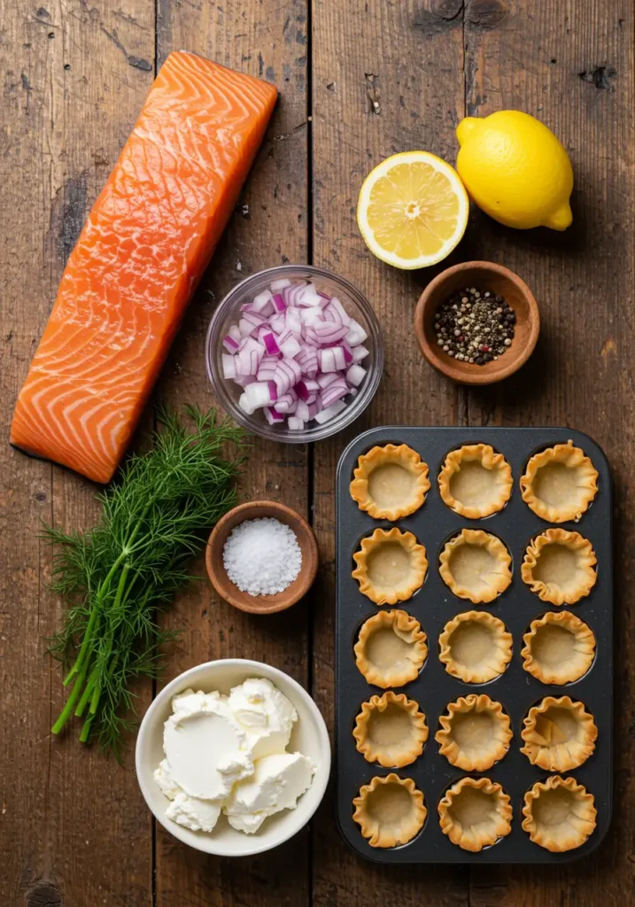 Easy salmon bites recipe served in golden phyllo cups with dill garnish
