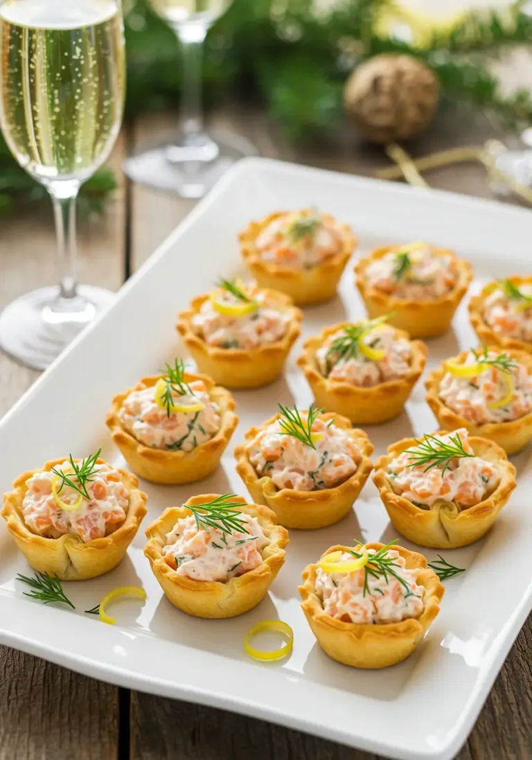 Easy salmon bites recipe served in golden phyllo cups with dill garnish