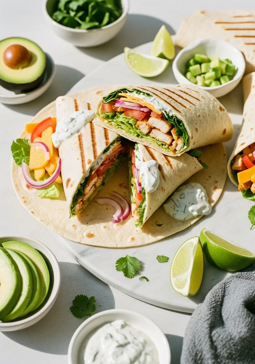 Easy chicken wrap recipe - colorful wrapped tortilla filled with seasoned chicken, lettuce, tomatoes and cheese on white plate