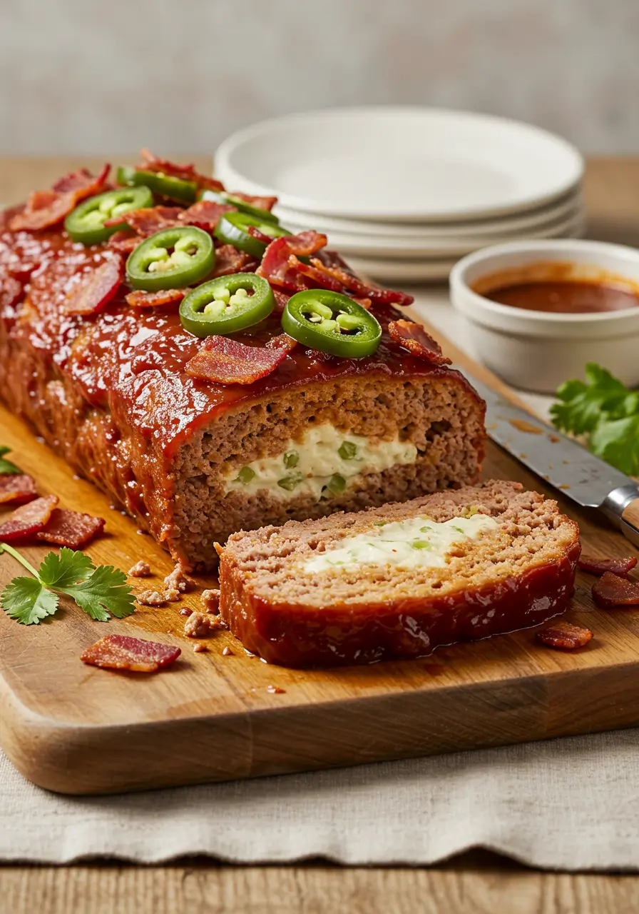 Smoky Jalapeno Popper Meatloaf – sliced meatloaf with melted cheese, jalapenos, and bacon glaze on a wooden board.