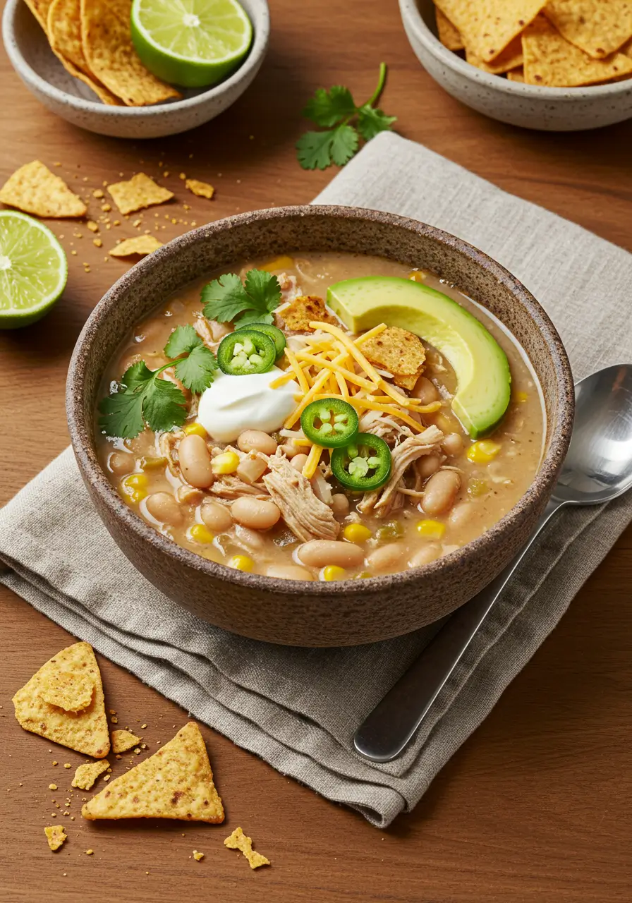 White Chicken Chili Recipe - Creamy bowl of chicken chili topped with cheese, cilantro, avocado, and tortilla chips