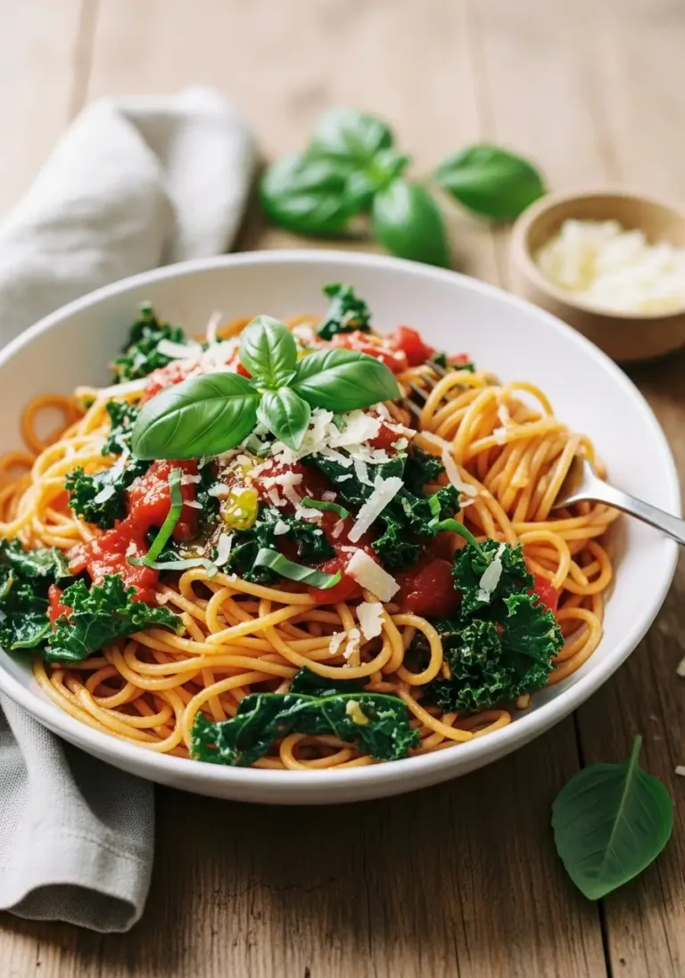 Bowl of one pot spaghetti with kale in rich tomato sauce, topped with grated Parmesan and fresh basil, served on a rustic wooden table with a fork and linen napkin beside it.