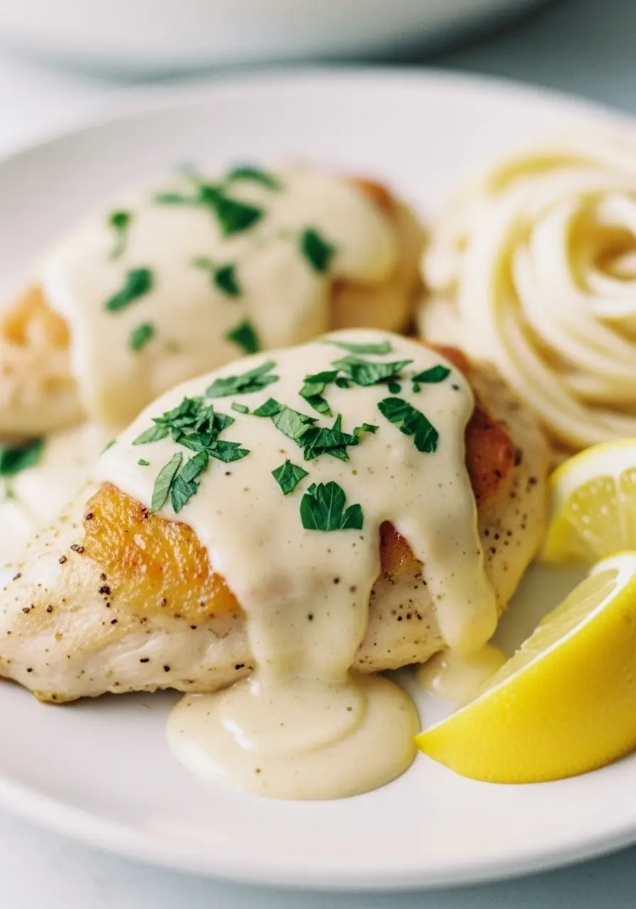 Creamy Garlic Chicken served on a white plate, topped with rich garlic Parmesan cream sauce, garnished with fresh parsley and lemon wedges, with mashed potatoes in the background on a rustic wooden table.