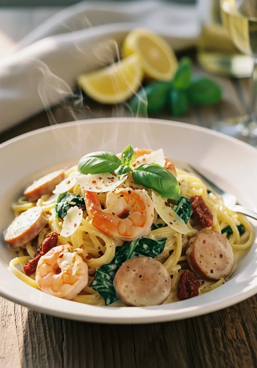 Creamy shrimp and sausage pasta with Parmesan cream sauce served in a white bowl, styled for a cozy weeknight dinner.