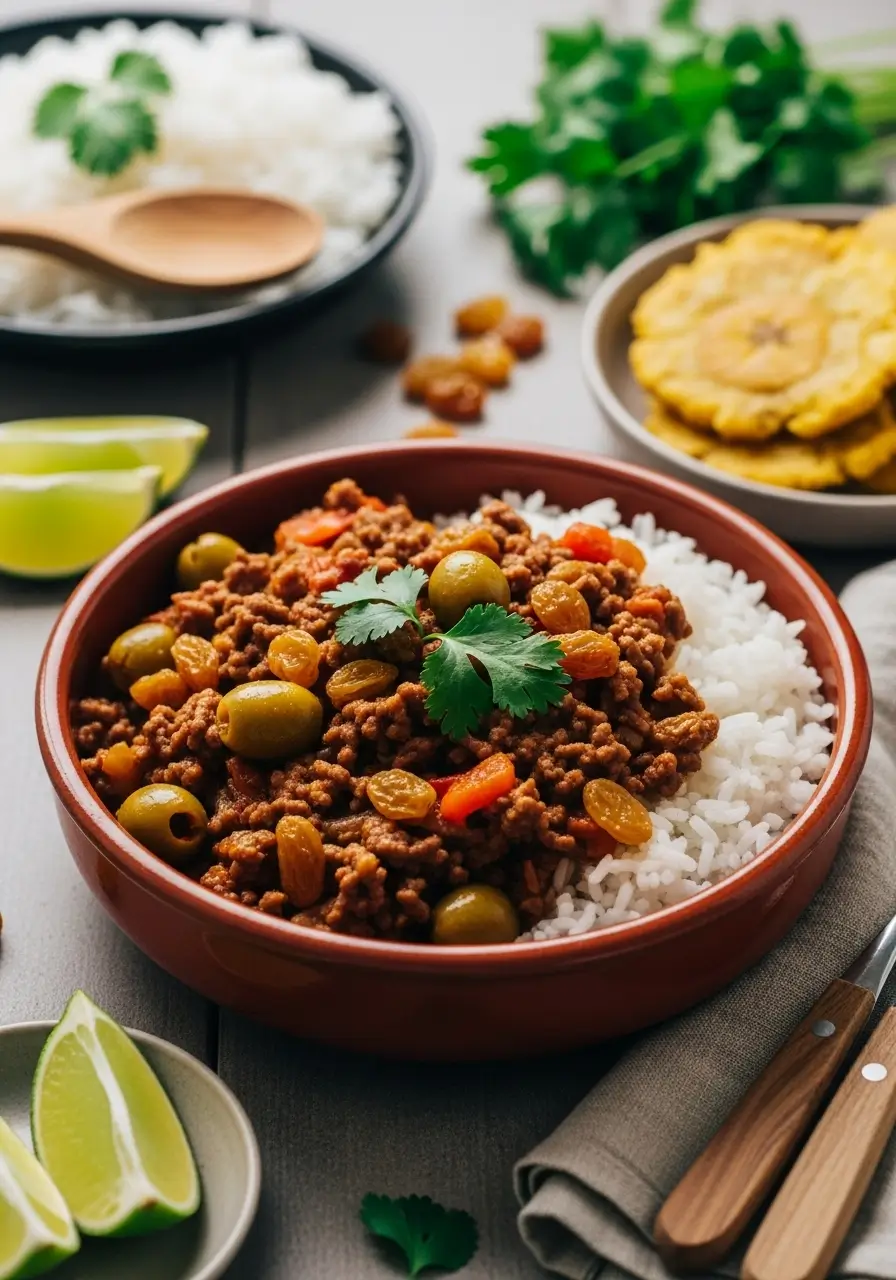 Authentic Cuban Picadillo served in a rustic ceramic bowl, featuring saucy ground beef with green olives, golden raisins, and bell peppers, garnished with fresh cilantro. Presented with white rice and sweet fried plantains on a wooden table, evoking traditional Cuban home-cooked comfort food.
