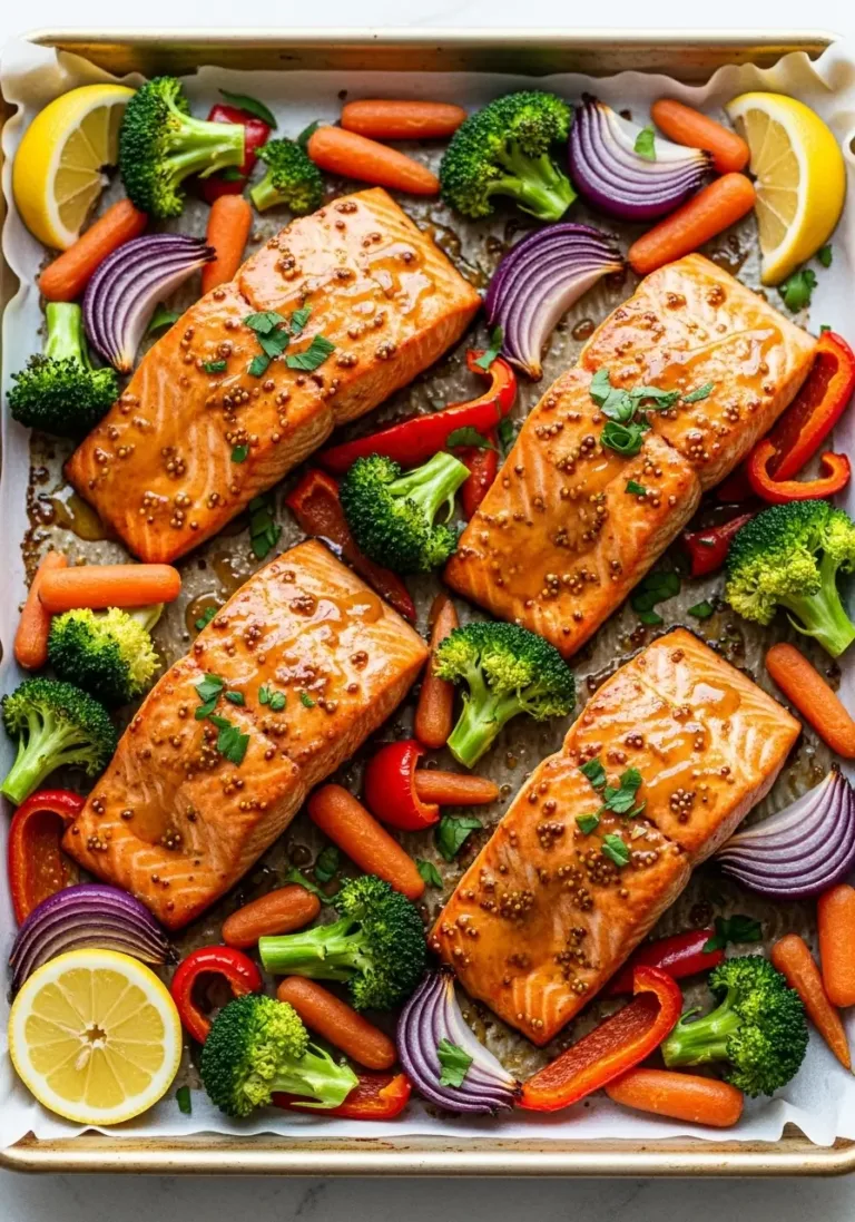 Sheet pan of roasted salmon fillets glazed with sweet mustard, surrounded by colorful roasted vegetables — broccoli, carrots, red bell peppers, and red onions — garnished with fresh parsley and lemon wedges on parchment paper.