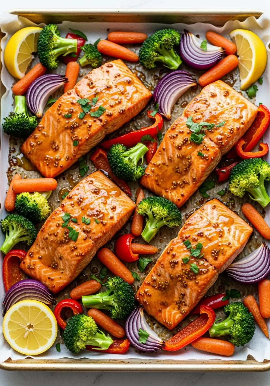 Sheet pan of roasted salmon fillets glazed with sweet mustard, surrounded by colorful roasted vegetables — broccoli, carrots, red bell peppers, and red onions — garnished with fresh parsley and lemon wedges on parchment paper.