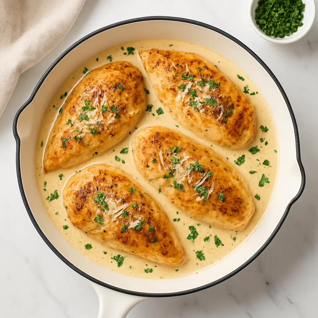 Creamy garlic parmesan chicken breasts cooked in a white enamel skillet, topped with parsley, served in a creamy sauce.