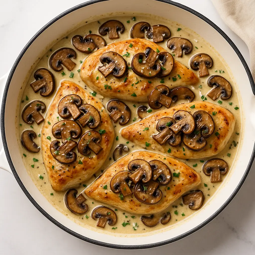 One-pan creamy mushroom chicken skillet with cremini mushrooms arranged over chicken breasts in a white enamel skillet in creamy Parmesan sauce.