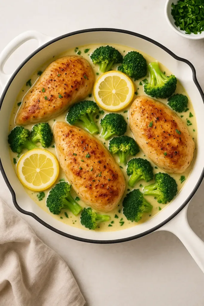 One-pan lemon butter chicken breasts with broccoli and lemon slices in a creamy sauce inside a white enamel skillet.