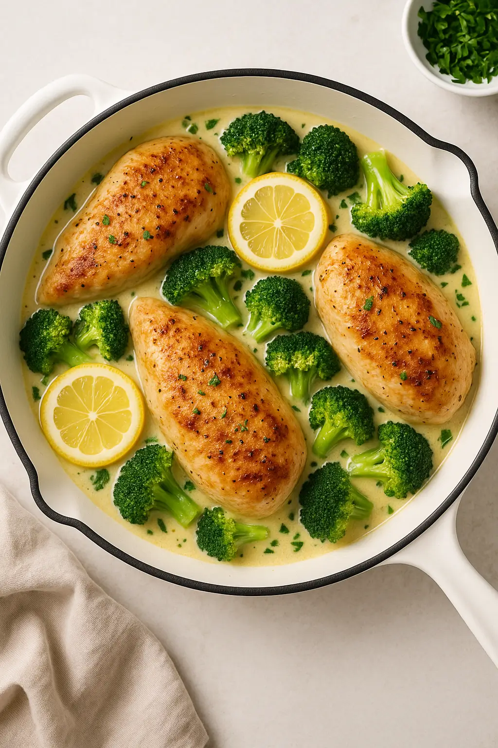 One-pan lemon butter chicken breasts with broccoli and lemon slices in a creamy sauce inside a white enamel skillet.