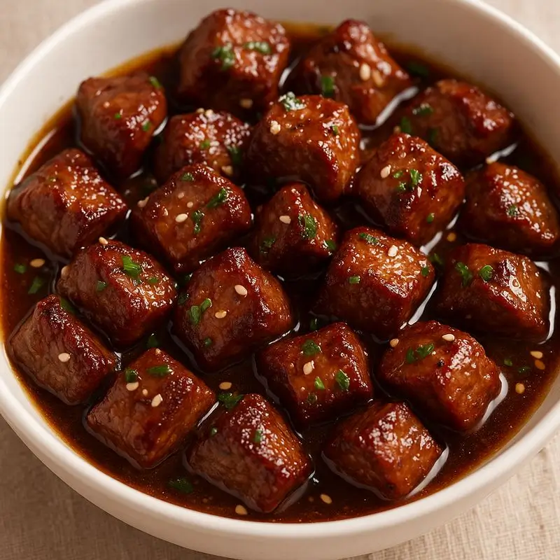 Honey garlic butter steak bites coated in a glossy sweet-savory sauce, garnished with parsley and sesame seeds in a bowl.