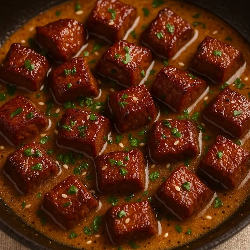 Close-up of honey garlic butter steak bites simmering in a skillet with caramelized edges, glossy sauce, parsley, and sesame seeds.