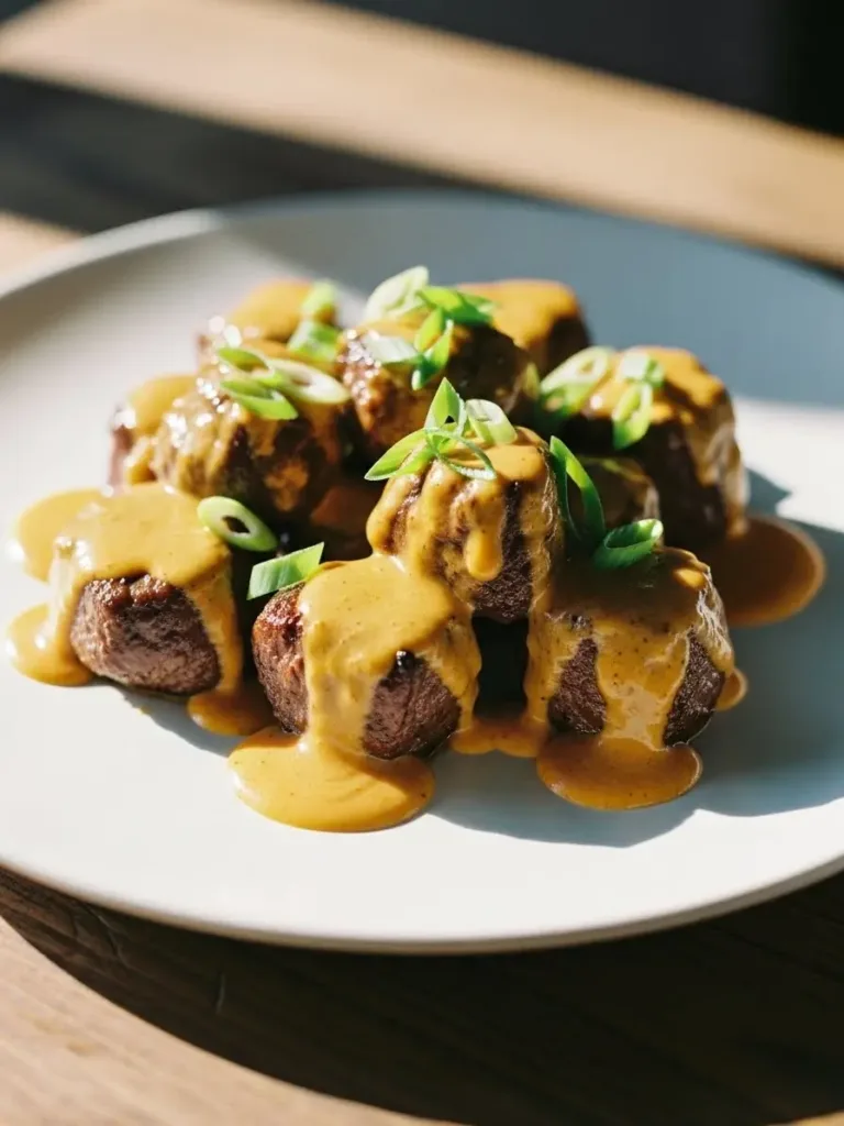 Close-up view of Cajun butter steak bites coated in creamy orange sauce and topped with chopped green onions