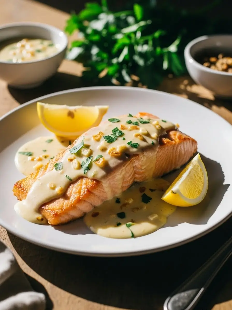 Creamy garlic butter salmon served on a plate with flaky pan-seared salmon fillets and rich garlic cream sauce.