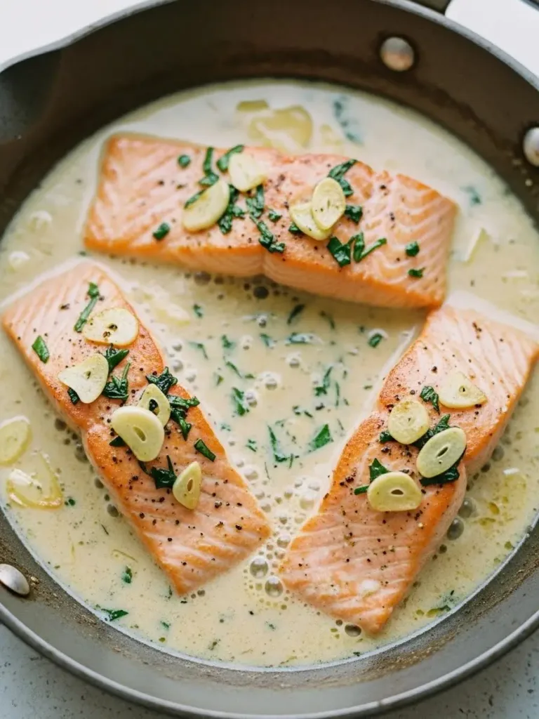 Creamy garlic butter salmon cooking in a skillet with pan-seared salmon fillets in a garlic cream sauce.