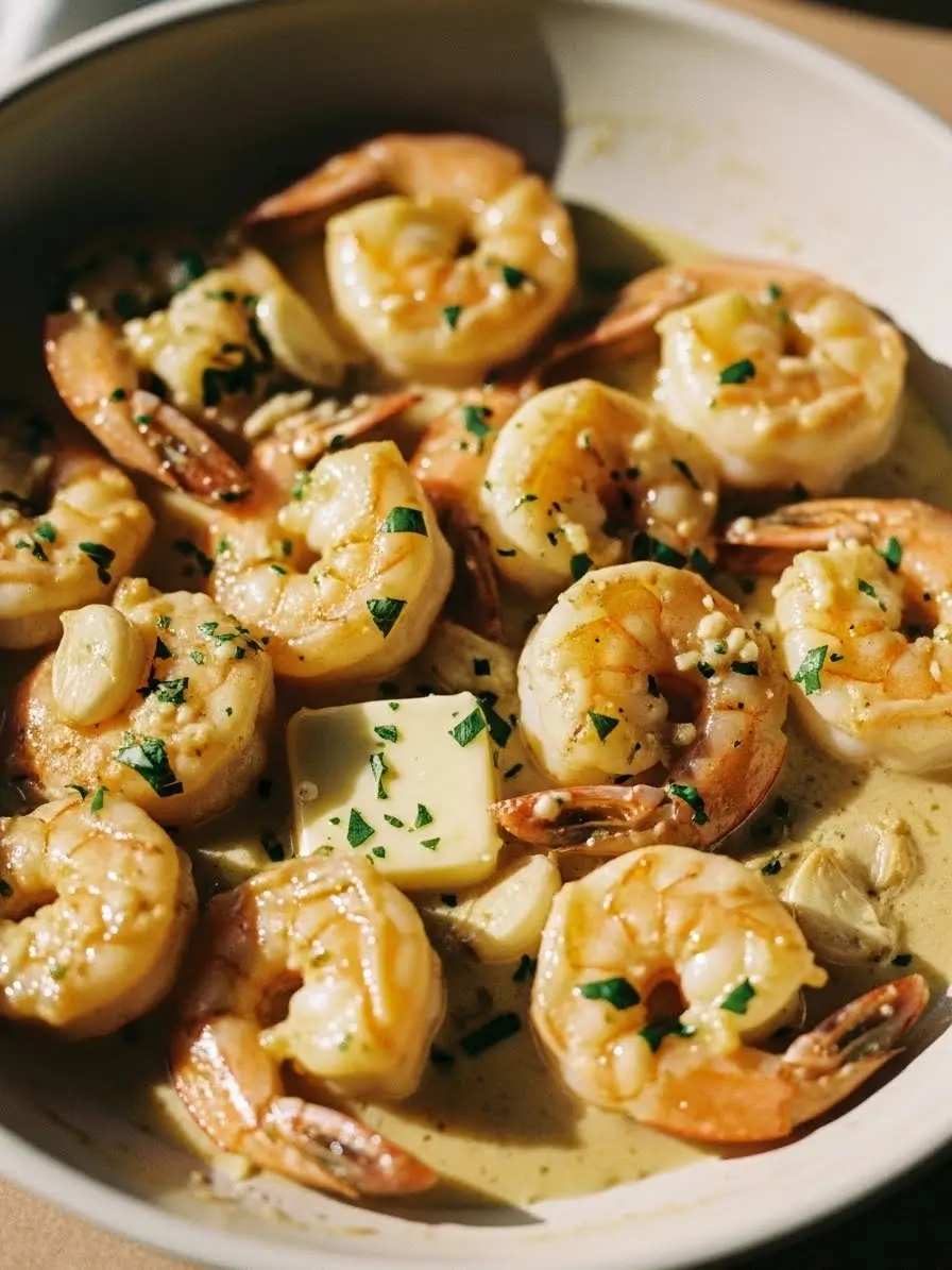 Creamy garlic butter shrimp served in a skillet with juicy shrimp coated in a rich garlic butter cream sauce.