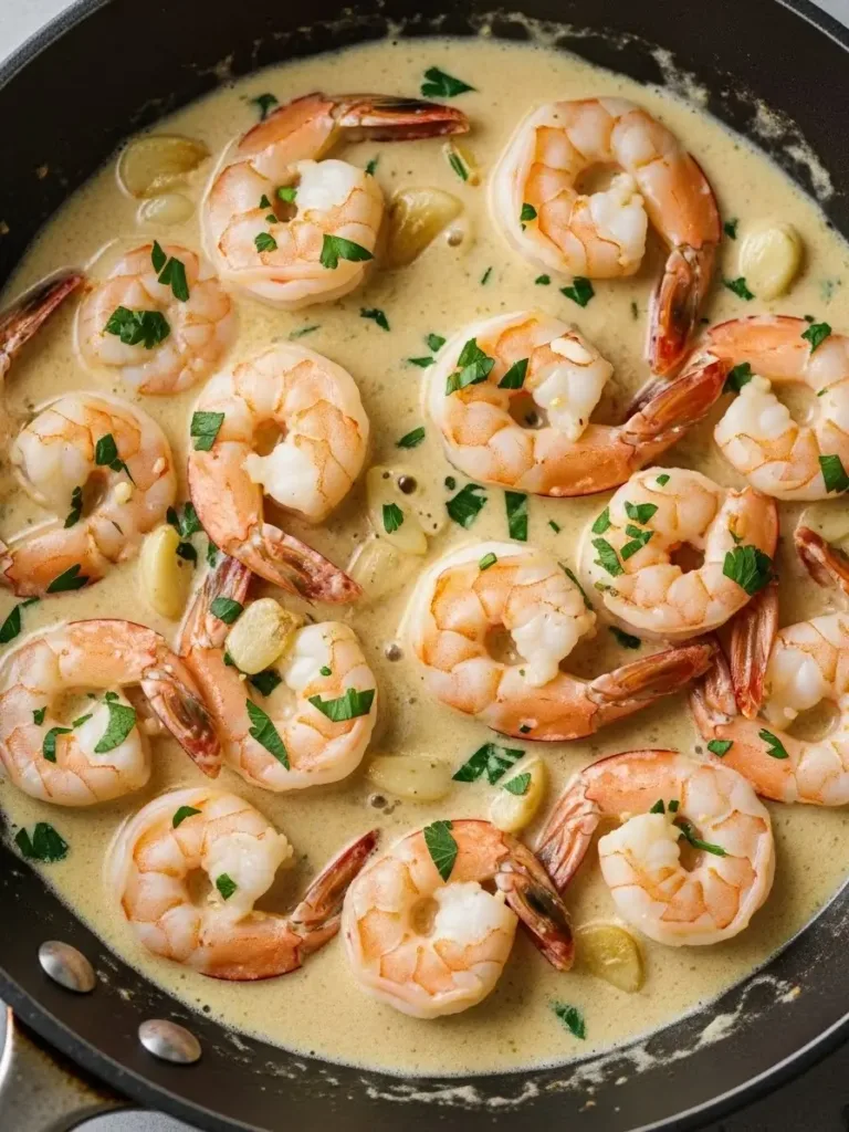 Creamy garlic butter shrimp cooking in a skillet with tender shrimp simmering in a garlic butter cream sauce.