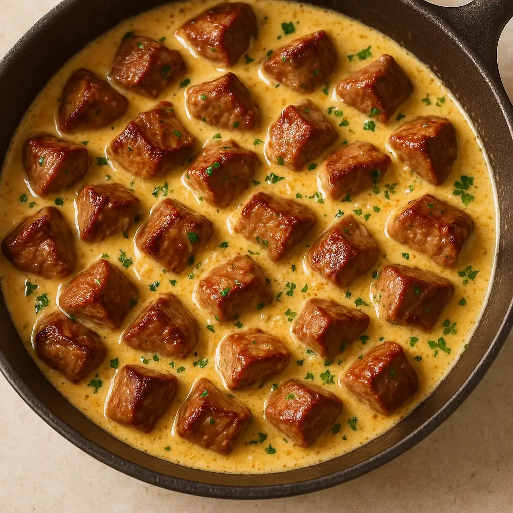 Skillet filled with creamy garlic Parmesan steak bites simmering in sauce and garnished with parsley.