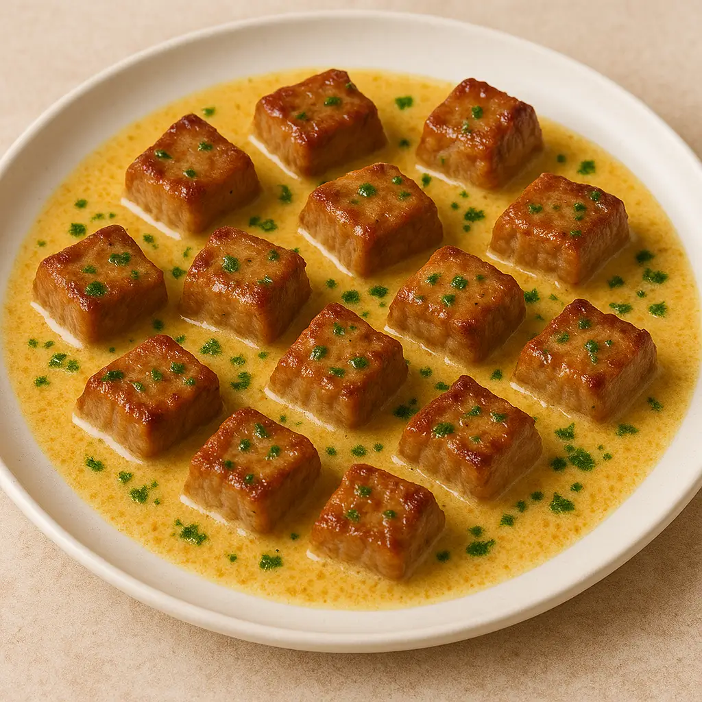 Creamy garlic Parmesan steak bites served on a plate with rich sauce and fresh parsley.