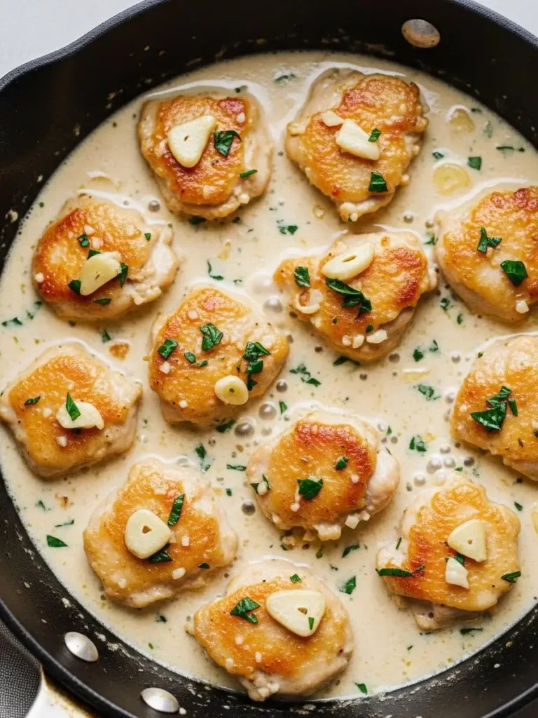 Creamy lemon garlic chicken bites cooking in a skillet with tender chicken pieces simmering in a lemon garlic cream sauce.