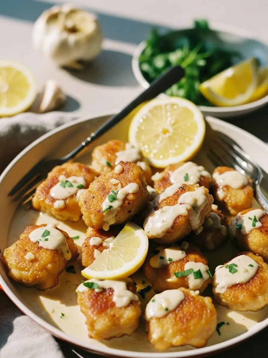 Creamy lemon garlic chicken bites served in a skillet with golden chicken pieces coated in a rich lemon garlic cream sauce.