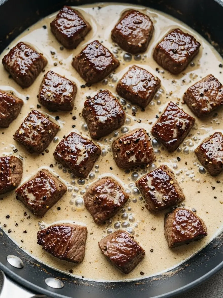 Creamy peppercorn steak bites cooking in a skillet with bite-sized steak simmering in a peppercorn cream sauce.
