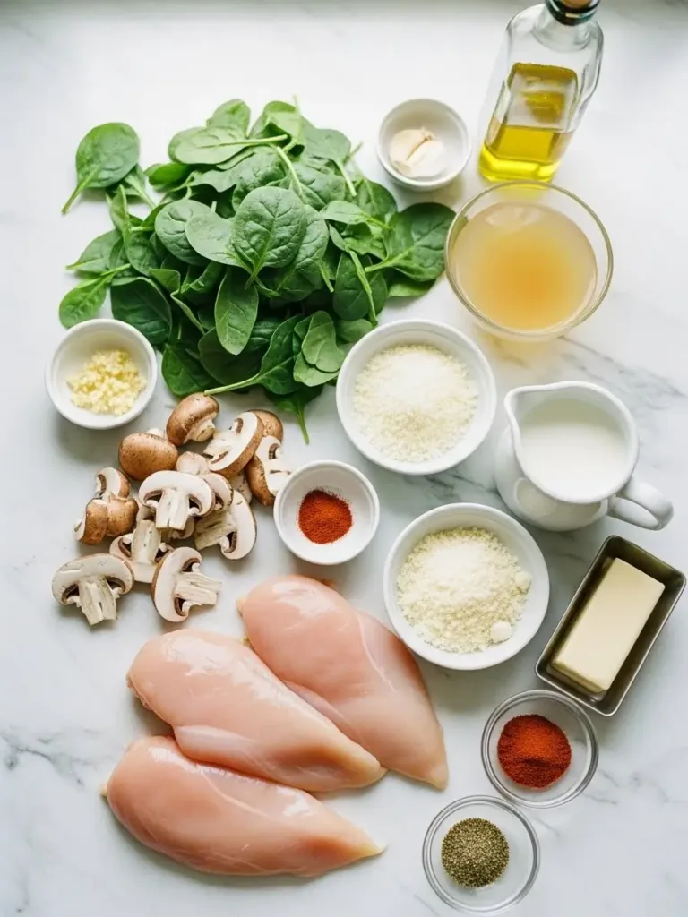 Ingredients for creamy spinach mushroom chicken: chicken breasts, fresh spinach, mushrooms, garlic, cream, and Parmesan
