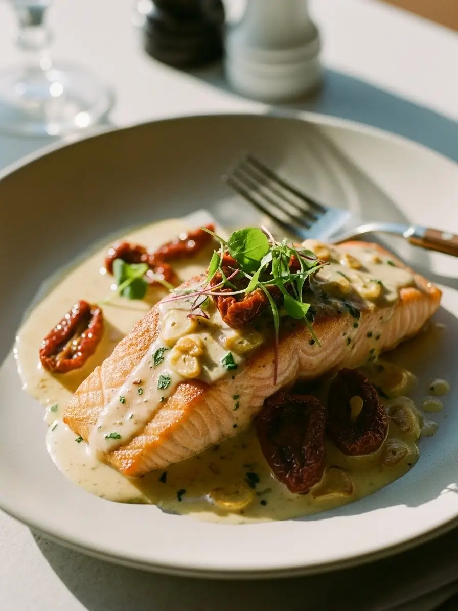 Creamy Tuscan salmon served on a plate with pan-seared salmon fillets in a rich garlic cream sauce with sun-dried tomatoes.