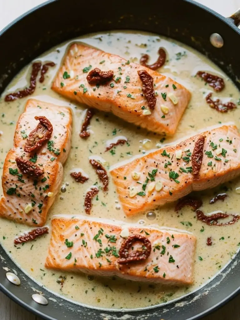 Creamy Tuscan salmon cooking in a skillet with pan-seared salmon fillets, garlic cream sauce, and sun-dried tomatoes.