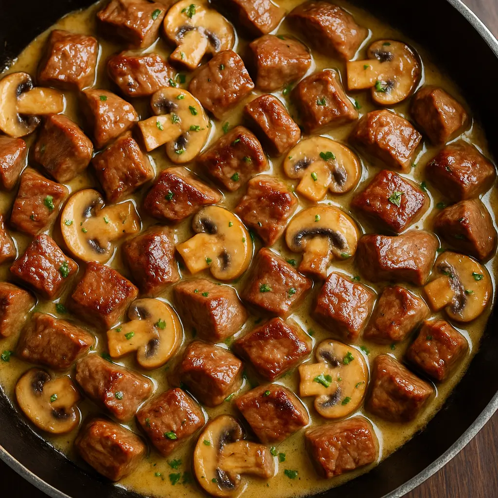 Garlic butter mushroom steak bites served in a skillet with tender steak, sautéed mushrooms, and rich garlic butter sauce.