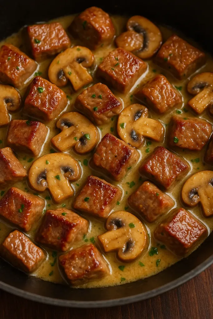 Close-up of garlic butter mushroom steak bites cooking in a skillet with golden steak pieces and caramelized mushrooms.