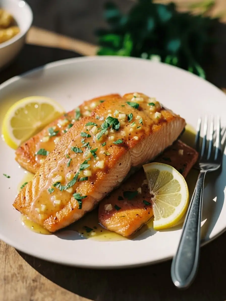 Honey garlic butter salmon served on a plate with flaky pan-seared salmon coated in a glossy garlic butter sauce.
