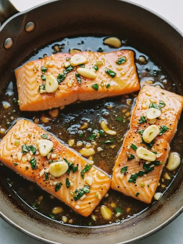 Honey garlic butter salmon cooking in a skillet with pan-seared salmon fillets simmering in a glossy garlic butter sauce.