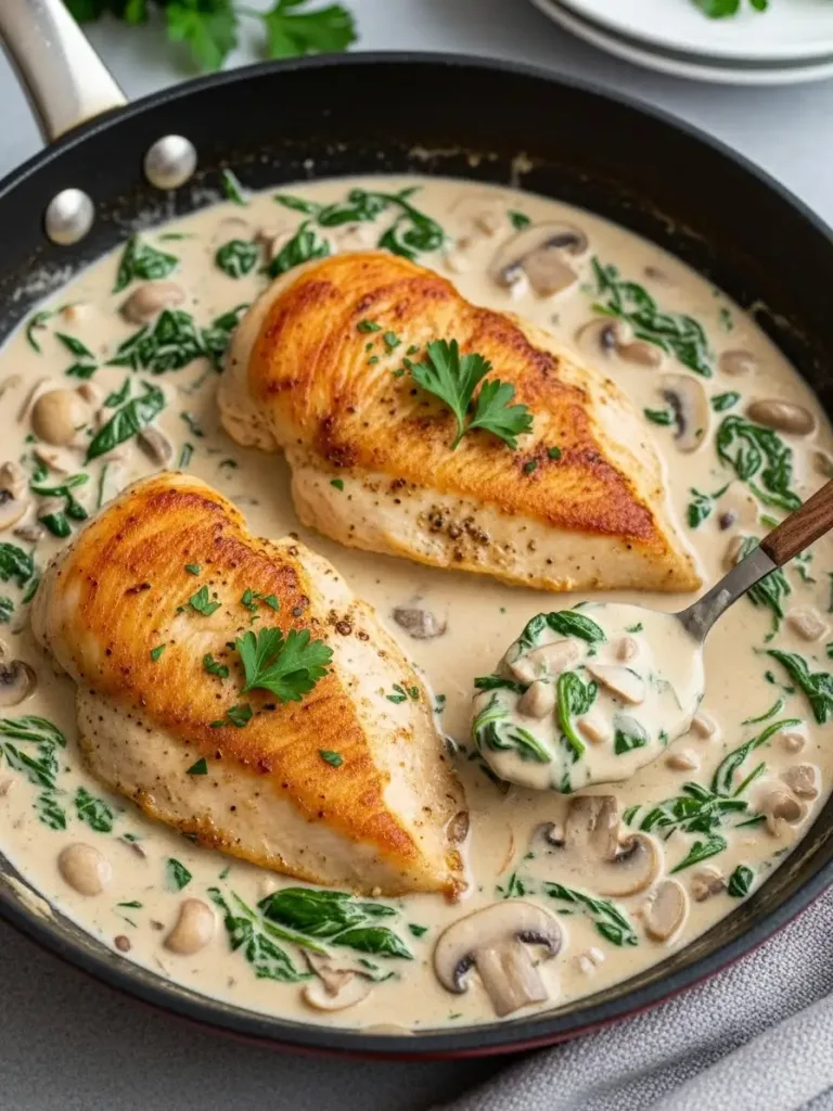 Adding and wilting fresh baby spinach into creamy mushroom sauce
